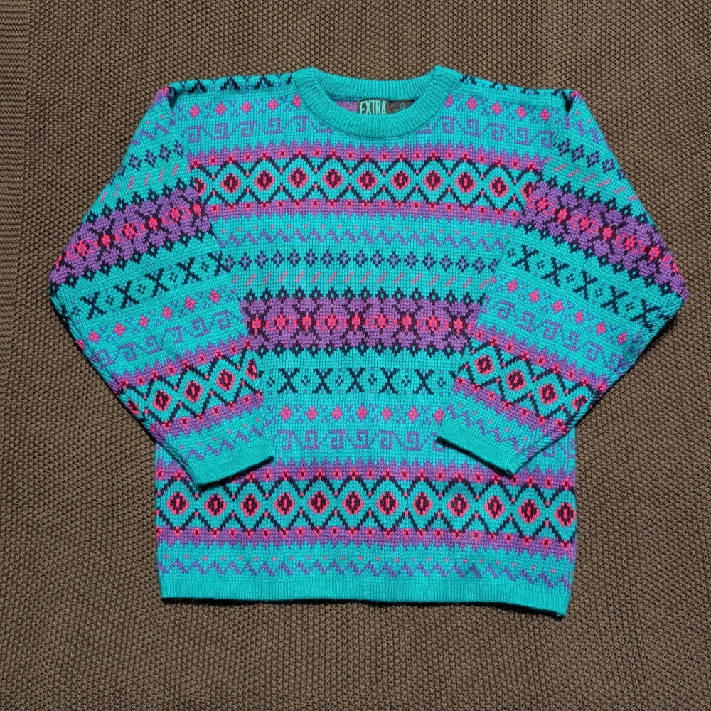 Extra Knit Sweater Mens XS Teal Pink Purple Geometric Aztec Vintage 90s Crewneck